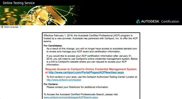 Halaman Website autodesk.starttest.com closed - move Autodesk Certification Professional