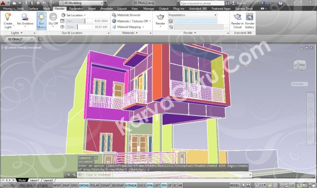 3d modeling autocad rumah minimalis 2 lantai