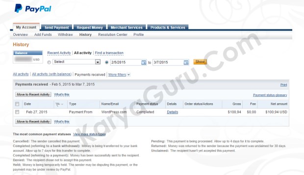 Paypal Payment Recieved from WordPress.com
