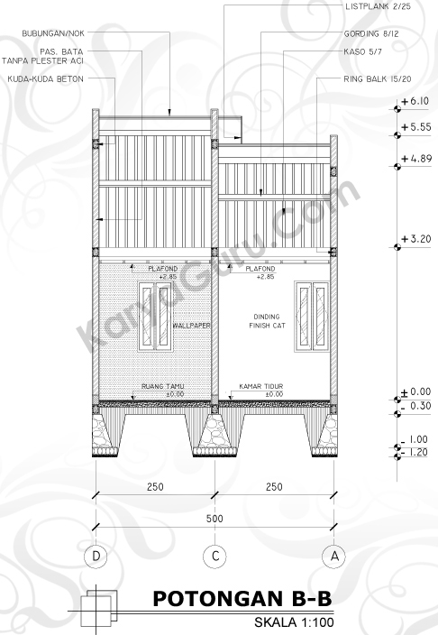 Tutorial Belajar AutoCAD Gambar Kerja Potongan B-B Rumah Tinggal ShopDrawing Section
