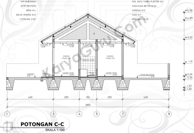 Tutorial Belajar AutoCAD Gambar Kerja Potongan C-C Rumah Tinggal ShopDrawing Section