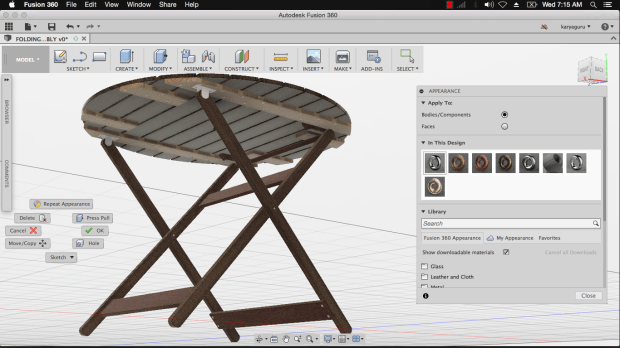 Appearance Material Autodesk Fusion360 - Folding Table Assembly KaryaGuruCenter