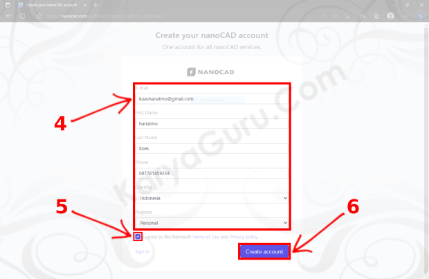 Membuat account nanoCAD