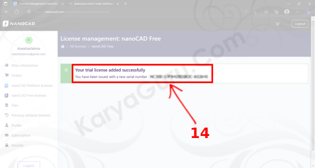 Notifikasi sukses mendapatkan lisensi gratis nanoCAD Free